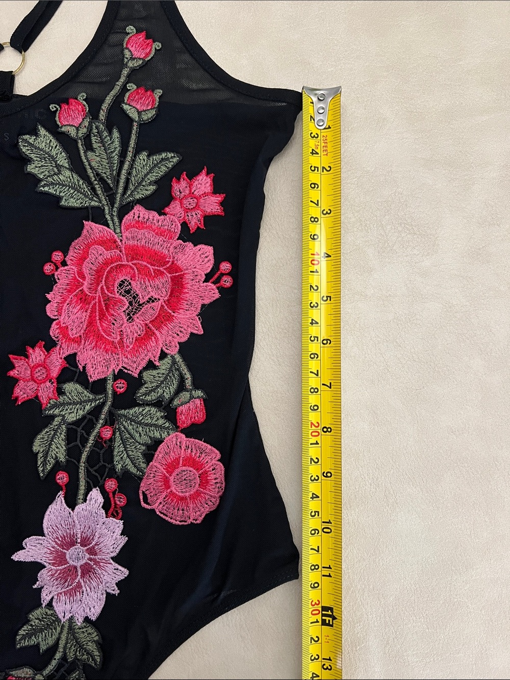TOP CHIC Black Mesh Floral Embroidered Bodysuit with Pink Roses - Picture 12 of 13